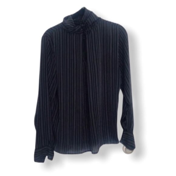 Steve & Barry’s Vintage High Collar Striped Blouse Black White Size 8 Retro - Picture 3 of 3